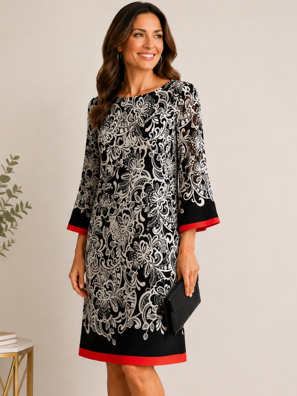 Eliza J Black & White Lace-Print Shift Dress with Red Trim